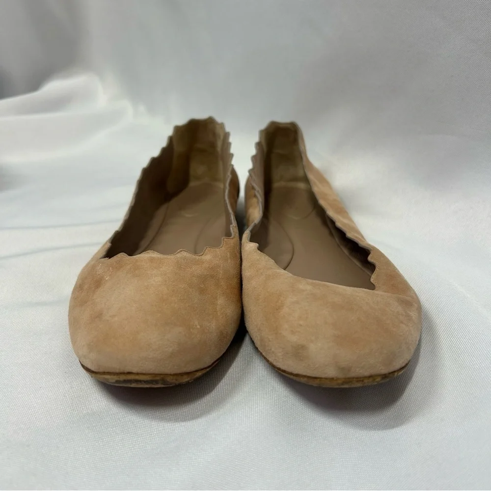 Chloé | Suede Nude Tan Flats Scalloped Women’s Size 39.5 - Picture 2 of 10